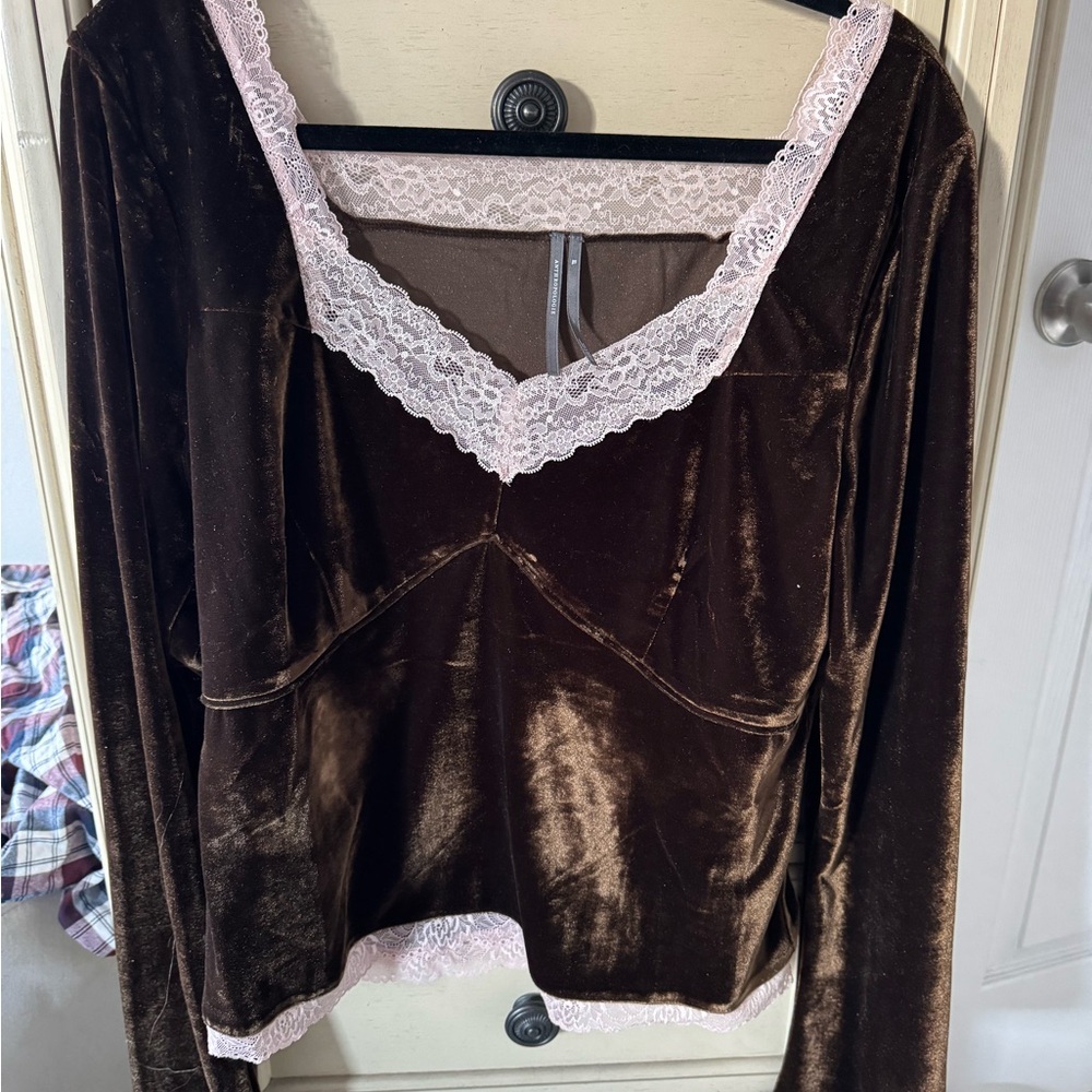 Anthropologie Chocolate Velvet Camisole with Pink Lace